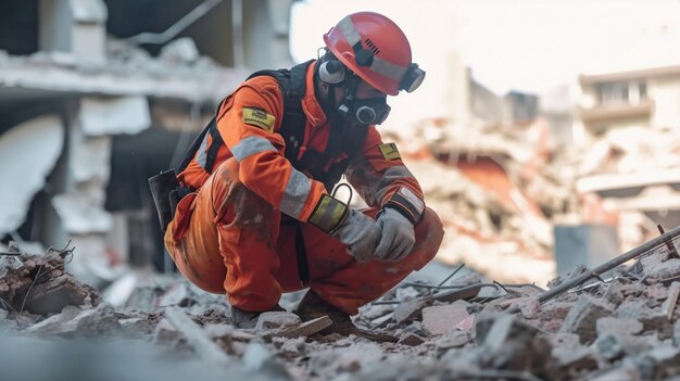 生成型 AI と制服を着た救助隊員が地震で被害を受けた都市の建物で生存者を捜索