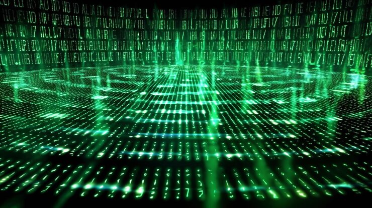 Photo generative ai uses vector digits from virtual security technology and data from a digital stream or binary code on a matrix background