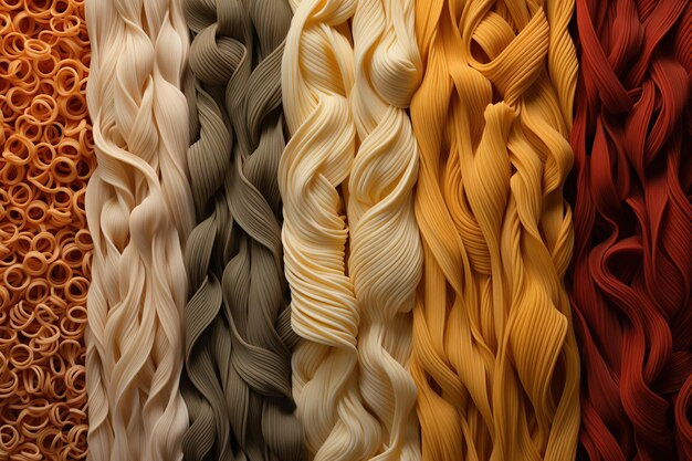 Photo generative ai variety of types colors and shapes of italian pasta texture background