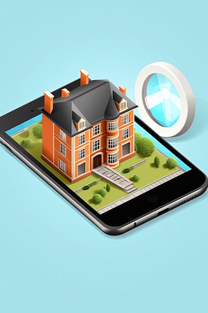 Фото Генеративный ai векторная иллюстрация поиска недвижимости в интернете с использованием ai на смартфоне с простым фоном