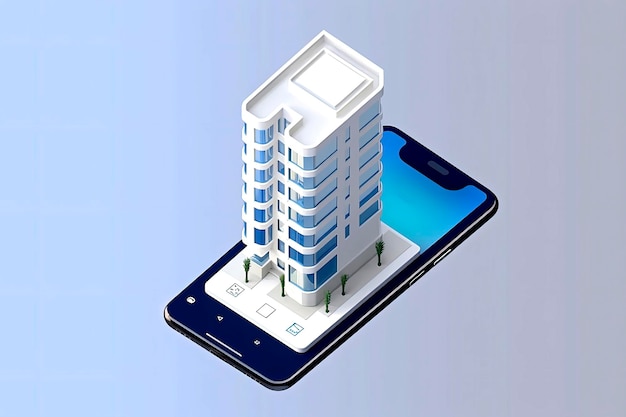 Генеративный AI Векторная иллюстрация поиска недвижимости в Интернете с использованием AI на смартфоне с простым фоном
