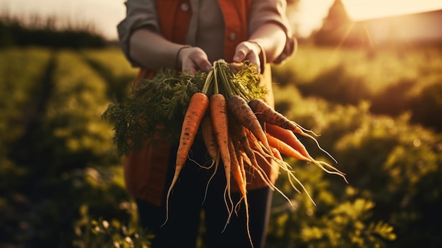 Generative AI vegetables in the hands of a woman farmer in the garden carrots from the ground