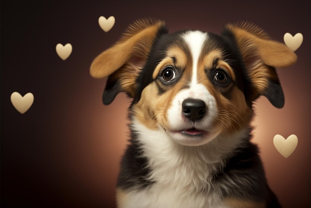 Generative ai very cute and romantic puppy dog isolated on hearts background