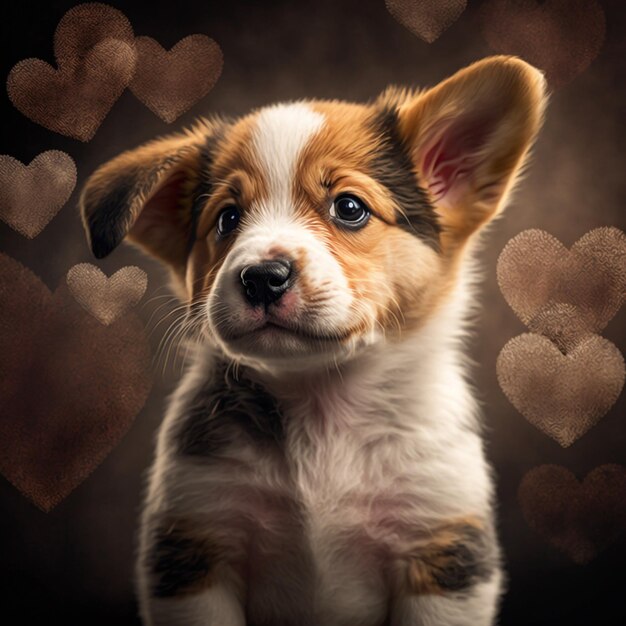 Generative ai very cute and romantic puppy dog isolated on hearts background