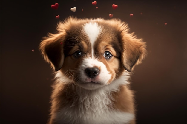 Генеративный ай очень милый и романтичный щенок, изолированный на фоне сердец