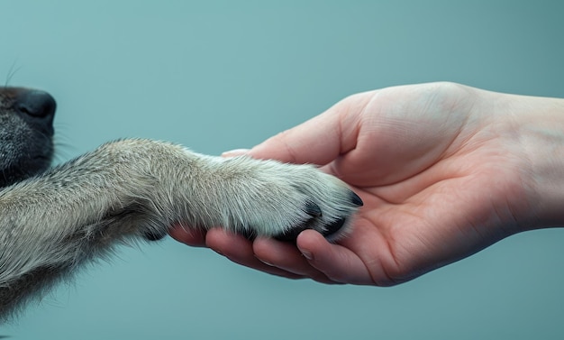 Generative AI veterinarian hand is holding dogs claw Dogs paw in humans hand Domestic petxA