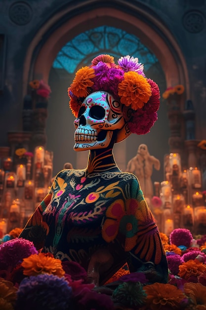 Generative AI Vibrant catrina decoration in traditional day of the dead altar