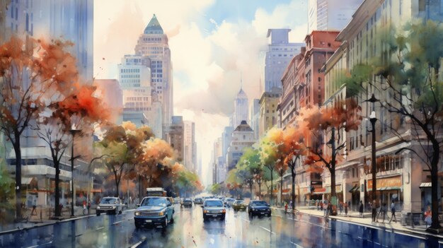 Photo generative ai a vibrant cityscape with towering skyscrapers and bustling streets landscape watercolor