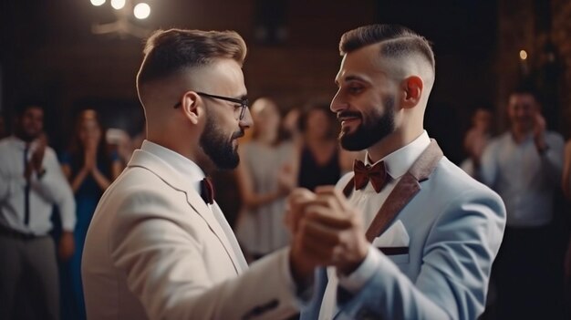 Generative AI Video of a Newlywed Gay Couple Dancing at a Wedding Celebration