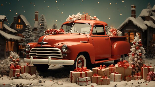 사진 많은 선물 파란색과 빨간색의 크리스마스 카드와 함께 생성 ai 빈티지 크리스마스 자동차