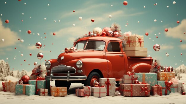 Генеративная ИИ винтажная рождественская машина с множеством подарков синего и красного цветов поздравительная карточка xmas