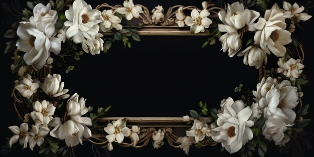 Generative AI vintage frame with white flowers futuristic victorian black background