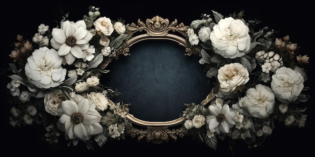 Generative AI vintage frame with white flowers futuristic victorian black background