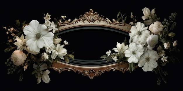 Generative AI vintage frame with white flowers futuristic victorian black background