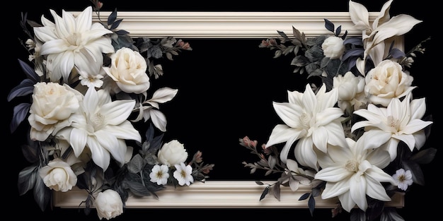 白い花の未来的なビクトリア朝の黒い背景を持つ生成 AI ビンテージ フレーム