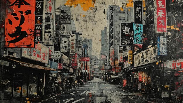 Generative AI vintage grunge black and white collage poster with asian cityscape Different textures and shapesx9