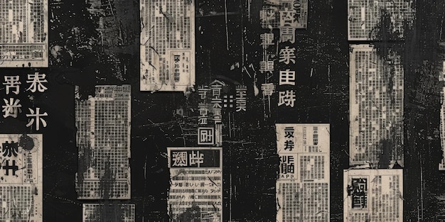 ヴィンテージ・グランジ 日本のカリグラフィー・レター・コラージュ 黒い背景