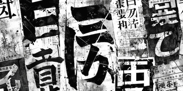 Generative AI vintage grunge Japanese calligraphy letters collage black background