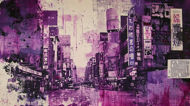 Фото Генеративный ии винтажный гранж фиолетовый коллаж плакат с азиатским городским пейзажем различные текстуры и формы