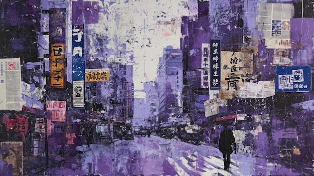 Generative AI vintage grunge purple collage poster with asian cityscape Different textures and shapes