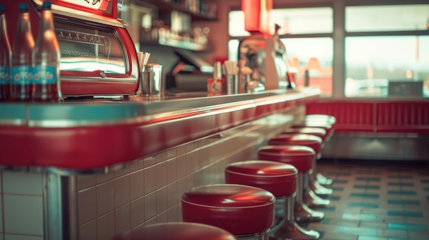 Generative AI Vintage photo of red American cafe 50s retro interior designx