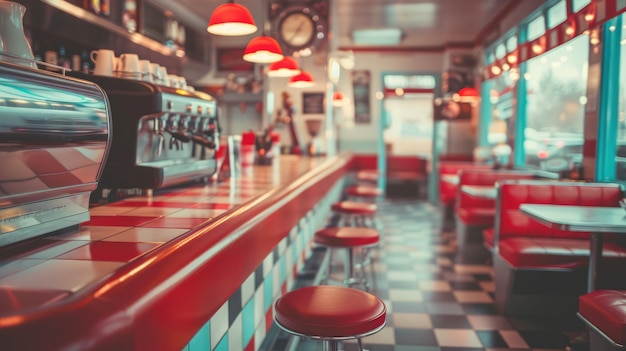 Generative AI Vintage photo of red American cafe 50s retro interior designx