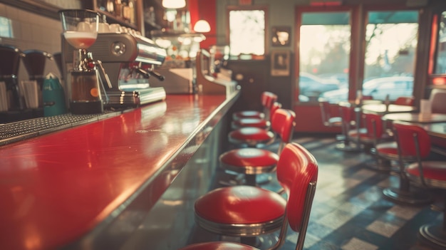 Generative AI Vintage photo of red American cafe 50s retro interior designx