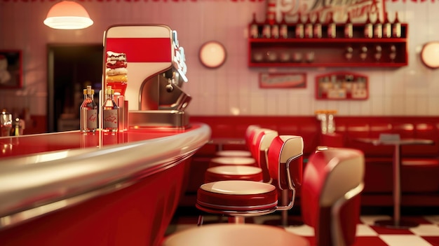 Generative AI Vintage photo of red American cafe 50s retro interior designx