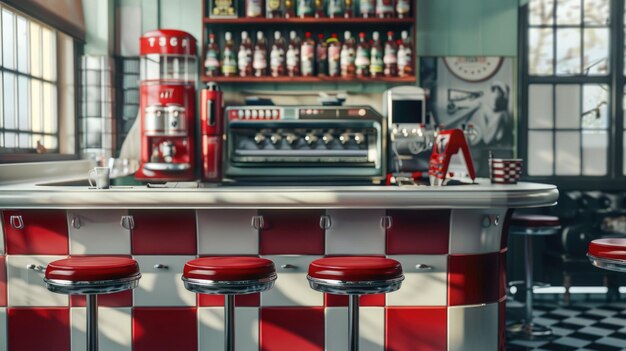 Generative AI Vintage photo of red American cafe 50s retro interior designx