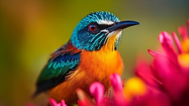 Generative AI vivid hues and an ultra macroshot of a bird on an open flower