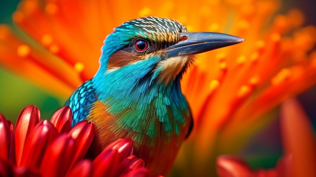 生成 AI の鮮やかな色合いと、開いた花に止まった鳥の超マクロショット