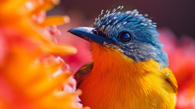 Generative AI vivid hues and an ultra macroshot of a bird on an open flower