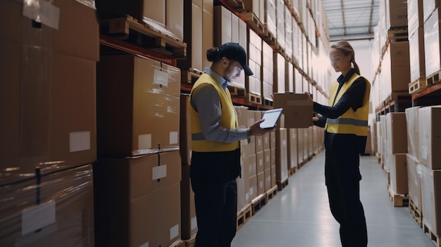 Generative AI warehouse employees scanning barcodes on items in a vast warehouse