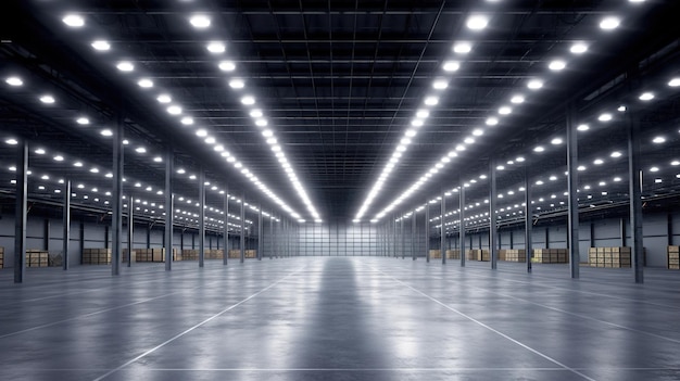 Foto ai generativa interno del magazzino con illuminazione led edificio dell'industria centro di distribuzione al dettaglio parte del sistema di stoccaggio e spedizione