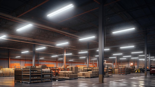 Foto ai generativa interno del magazzino con illuminazione led edificio dell'industria centro di distribuzione al dettaglio parte del sistema di stoccaggio e spedizione
