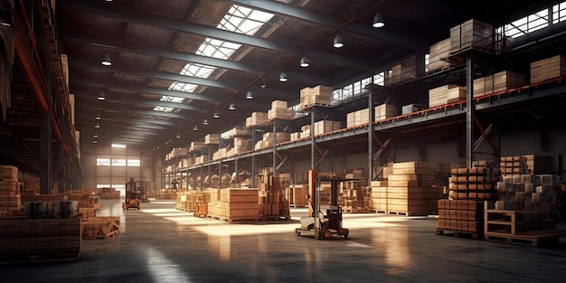 Generative AI Warehouse interior with LED lighting industry building distribution retail center part