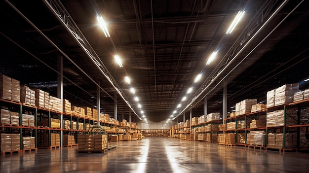 Generative AI Warehouse interior with LED lighting industry building distribution retail center