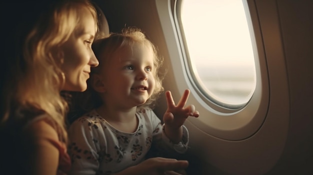 生成 AI は女性とその子供たちと一緒に飛行機に乗っていた