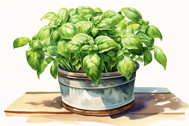 Generative AI Watercolor basil leaves Isolated eco food illustration on white background