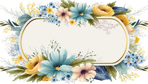 Cornice generativa ai acquerello con fiori primaverili blu e gialli disegnati a mano in stile artistico