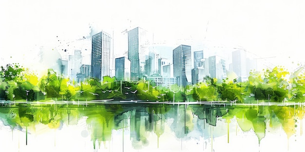 Generative AI Watercolor painted green ecology urban landscape Sustainable Living