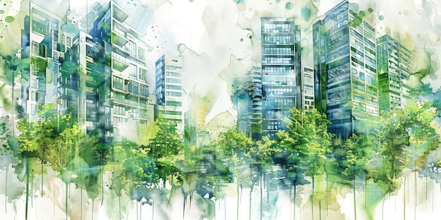 Генеративный ИИ Акварель окрашен в зеленый экологический городской ландшафт Устойчивая жизнь