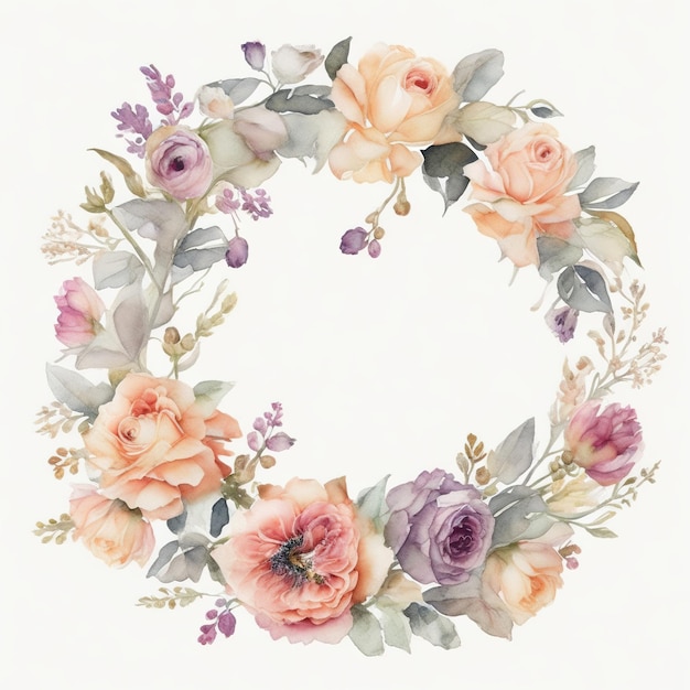 Generative AI Watercolor wreath with pastel colors flowers in boho style hand drawn art style