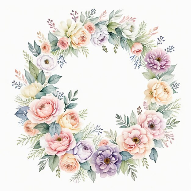 Generative AI Watercolor wreath with pastel colors flowers in boho style hand drawn art style