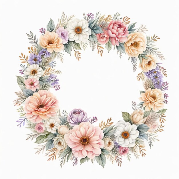 Generative AI Watercolor wreath with pastel colors flowers in boho style hand drawn art style