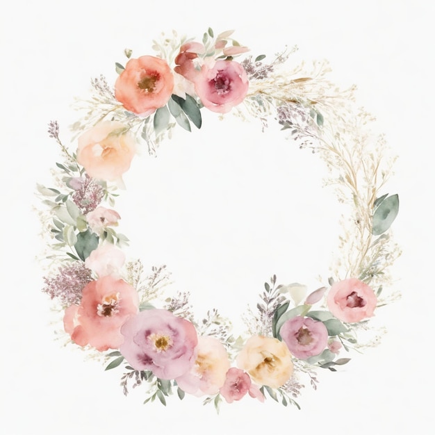 Generative AI Watercolor wreath with pastel colors flowers in boho style hand drawn art style