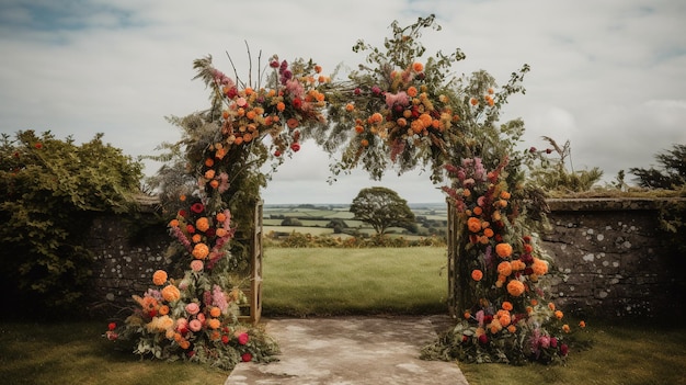 Генеративный AI Свадебная церемония в стиле бохо арка в деревенском стиле с цветами и растениями букеты цветов