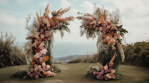 Generative AI Wedding ceremony boho rustic style arch with flowers and plants flower bouquets