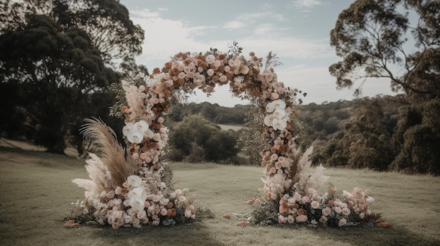 ジェネレーティブ AI 結婚式 ボヘミアン 素朴なスタイル アーチ 花と植物 花束