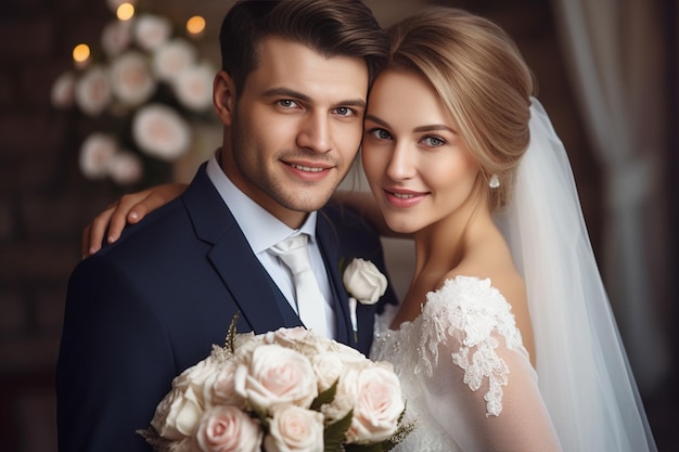 Generative AI Wedding portrait Amazing smiling wedding couple